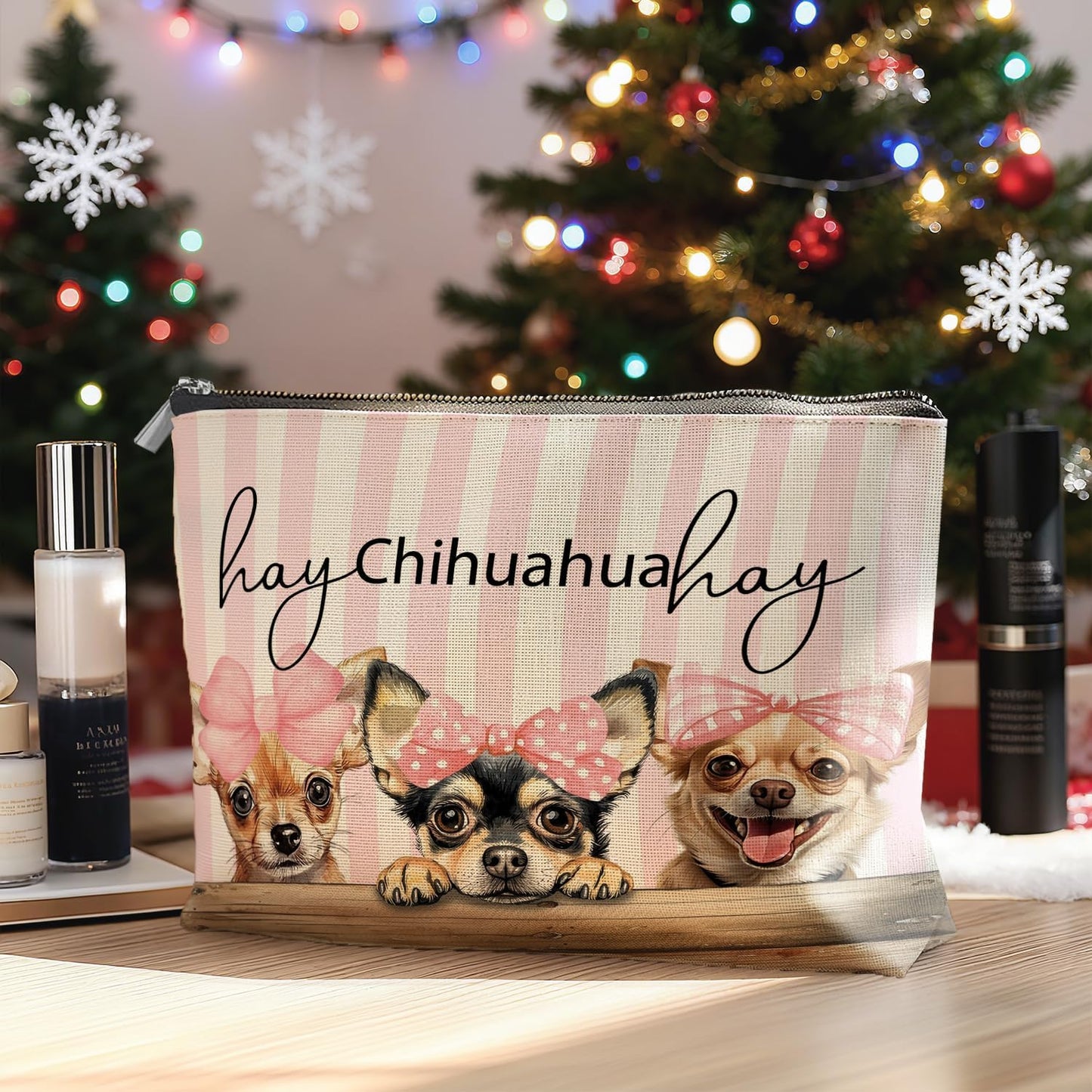 Coquette Chihuahua Makeup Bag Gifts for Women, Preppy Pink Bow Chihuahua Cosmetic Bag, Girly Dog Pink Striped Zipper Makeup Pouch Travel Toiletry Bag