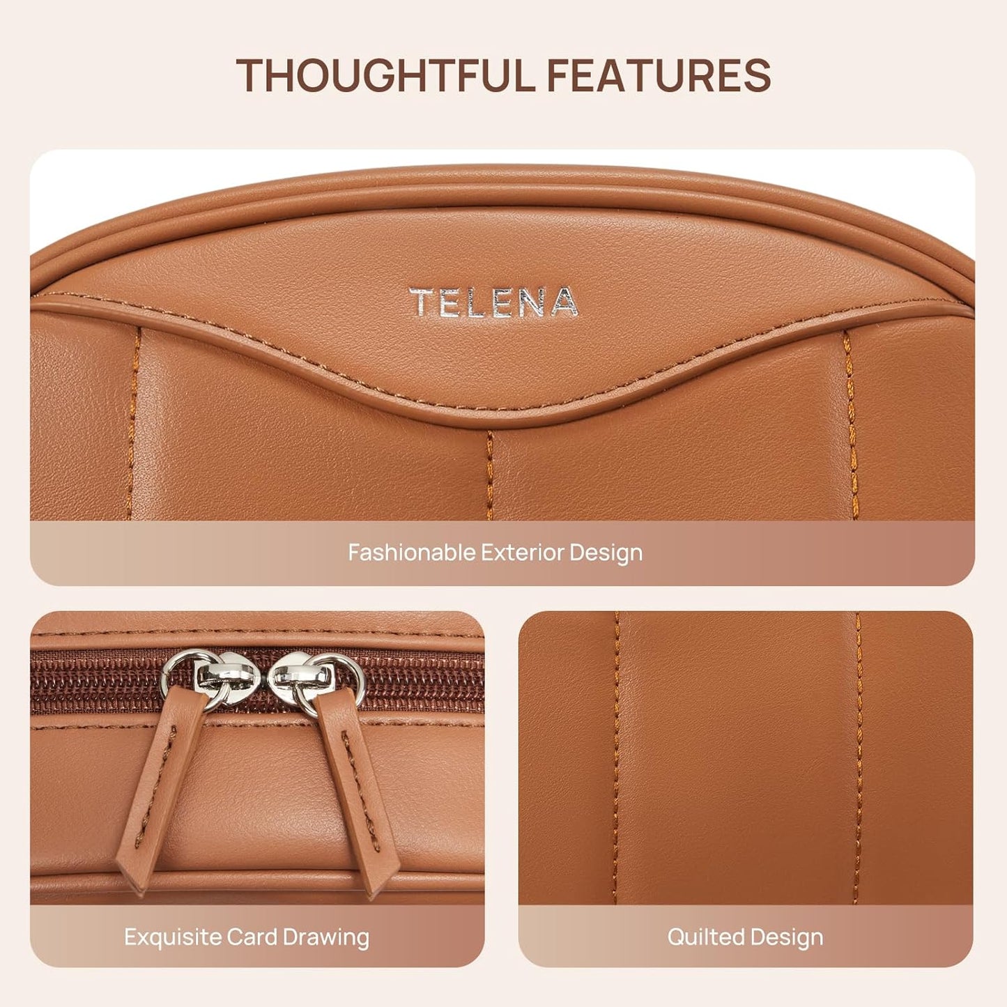Telena Medium Makeup Bag, Travel Make Up Bag for Women, Vegan Leather Cosmetic Bag for Travel Essentials