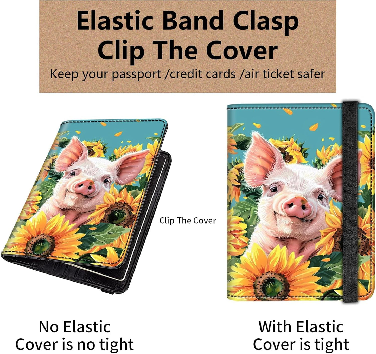 Passport and Vaccine Card Holder Cover Combo,Travel Passport Holder Wallet with RFID Blocking, Leather Vaccine Card Slot Passport Cover Case for Women & Men,Cute Baby Pig and Sunflower