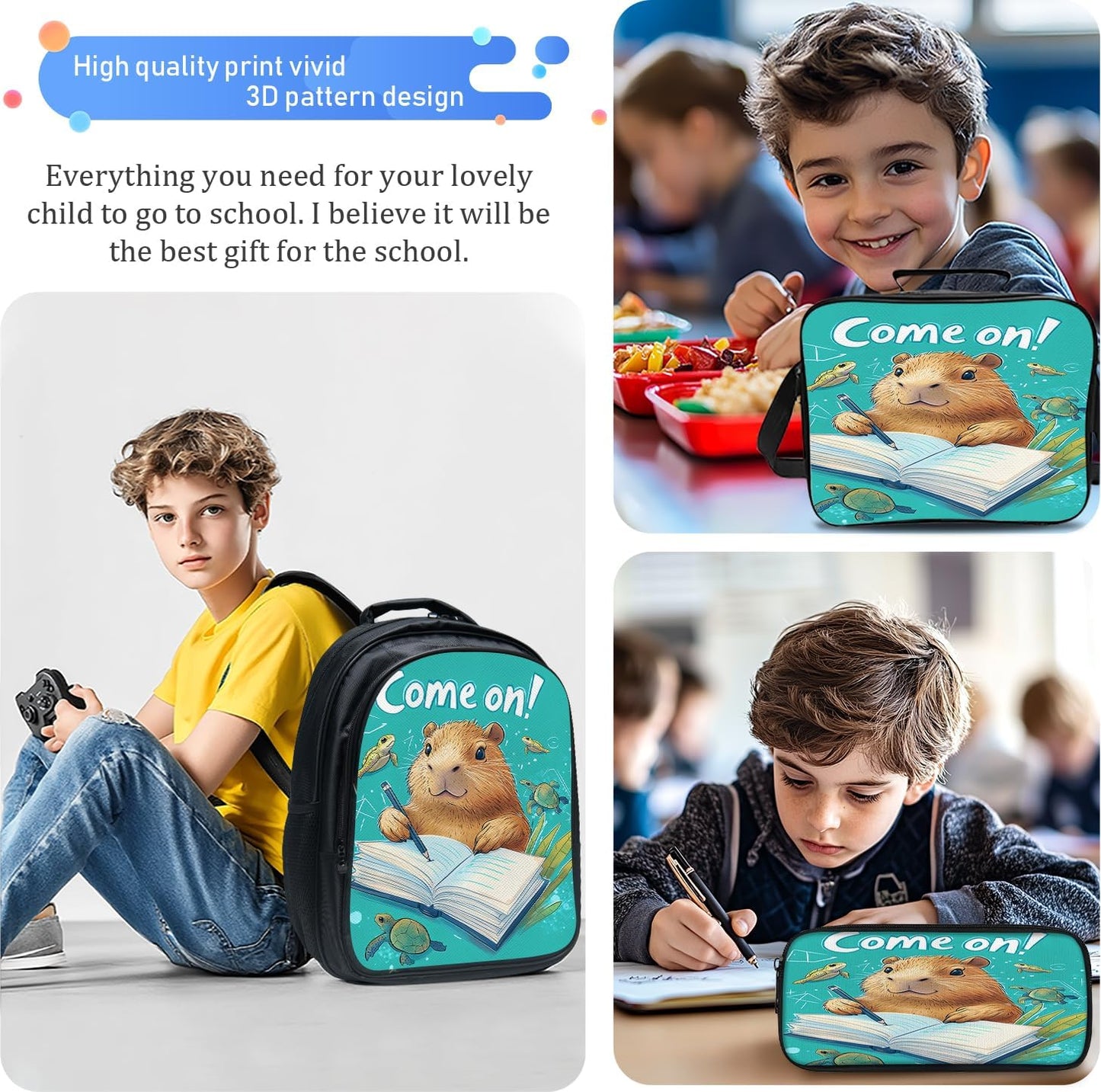Funny Capybara Backpack School Bag 3PCS Backpack 16 Inch with Lunch Bag Set Lightweight for Teen Boys Girls Kids Elementary Middle School