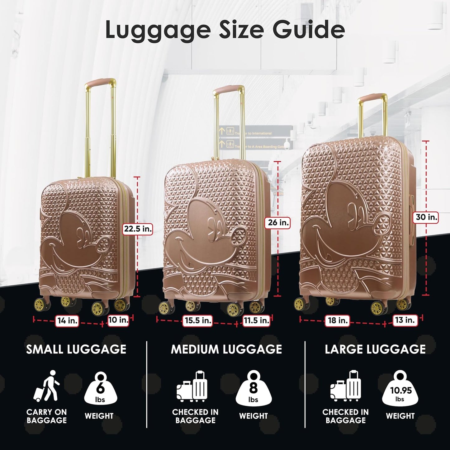 FUL Disney 22 Inch Carry On Luggage, Hardshell Rolling Suitcase with Spinner Wheels, Mickey Mouse-Rose Gold