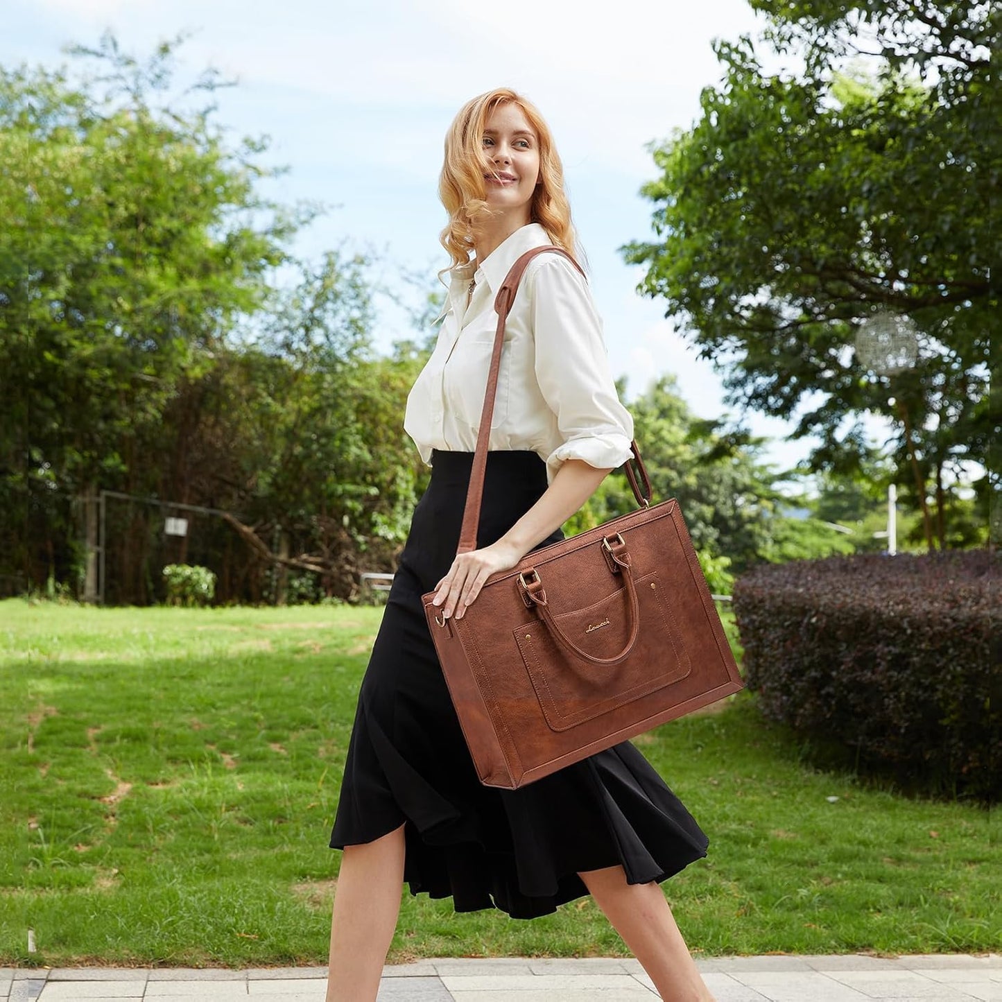 LOVEVOOK Laptop Tote Bag for Women, 17.3 Inch Work Bags, Vintage Leather Tote Bag, Waterproof Computer Bags with Clutch Purse, Large Capacity Messenger Bag for Teacher College Business Office