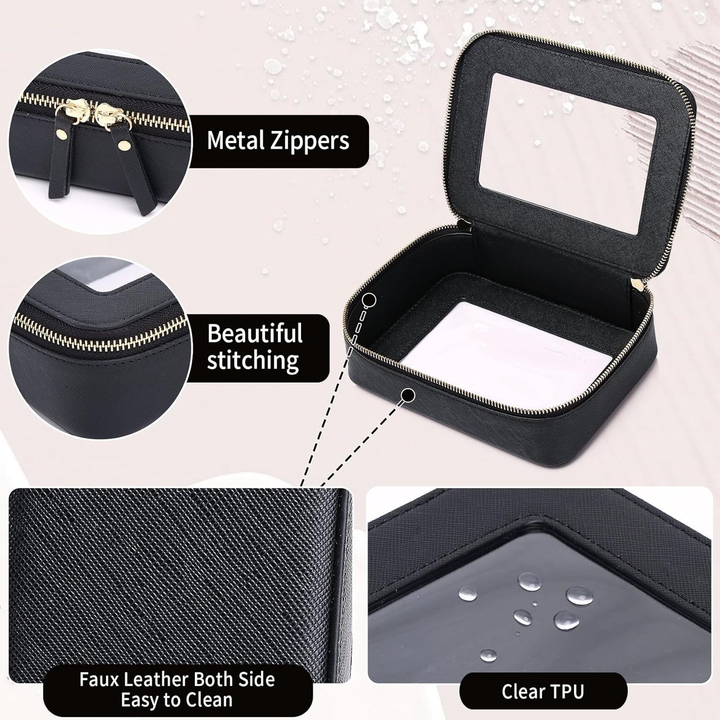 Clear Makeup Bag Women's Waterproof Travel Cosmetic Case and Toiletry Bag Portable Makeup Organizer Bag Car Essential with Zipper (Black, M-1)