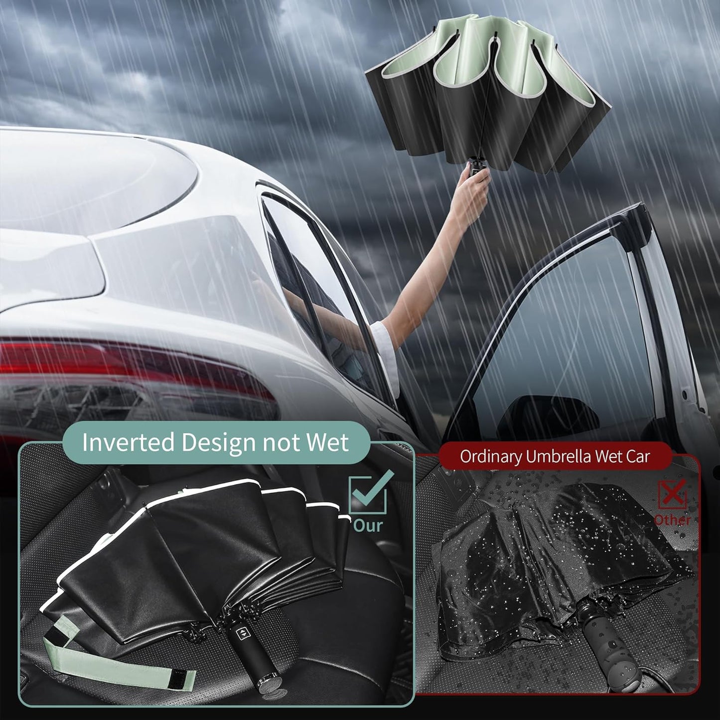 Seniny Travel Umbrella with Carabiner Handle, Windproof Large Umbrellas for Rain with Dual-Rib Structure, Portable Compact Umbrella with Reflective Strip, Car Backpack UV Umbrellas for Sun Protection