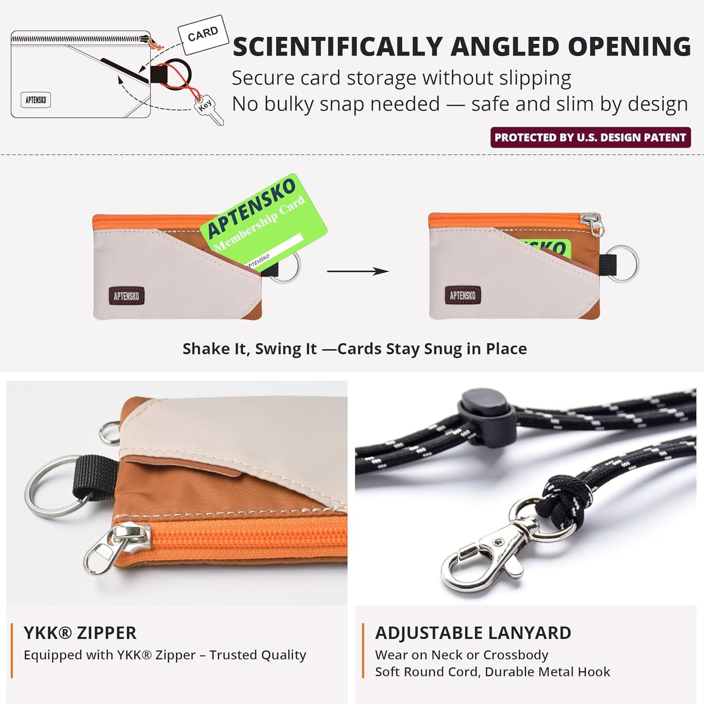 RFID Travel Wallet with Adjustable Lanyard-Zipper Small Wallet with ID Card Holder, Keychain for women&men-Minimalist Slim Waterproof Nylon case for ID, Cash, Key (Almond+Rust)
