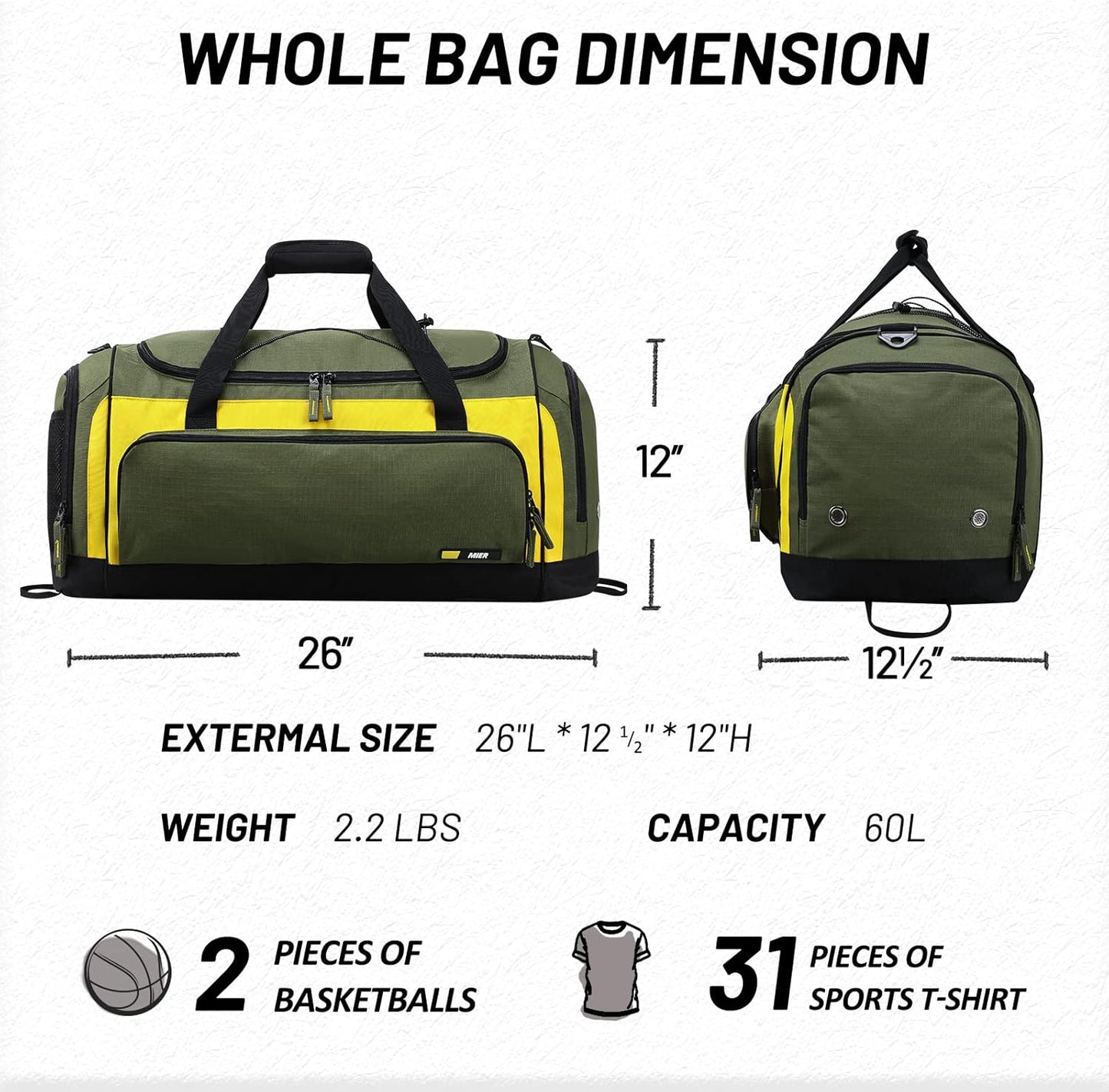 MIER Large Gym Bag for Men Sports Duffle Bag with Shoe Compartment 60L Lightweight Duffel Bags for