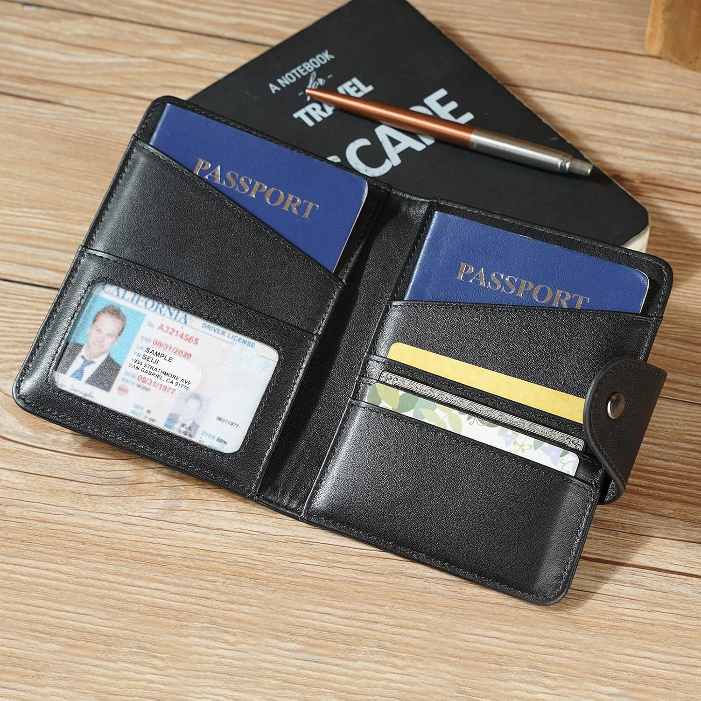 Polare Napa Leather Slim and Soft RFID Blocking wallet For Men Snap Bifold Travel Wallet Passport Holders 2 Passports (Black)