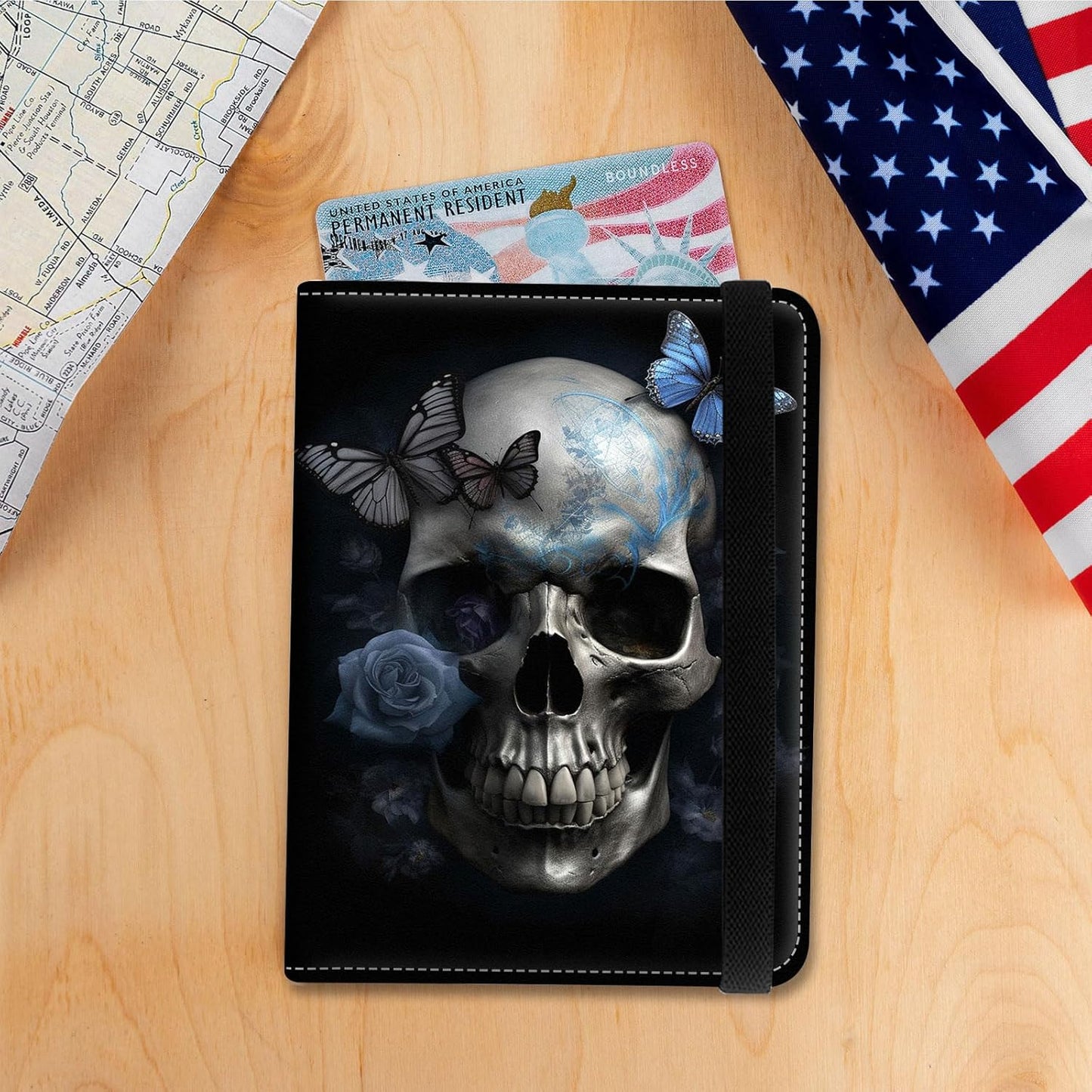 Passport Holder Cover Wallet Travel Essentials RFID Blocking Case Leather Passport Cover Wallet Vaccine Card Slot Organizer for Men Women, Skull Butterfly