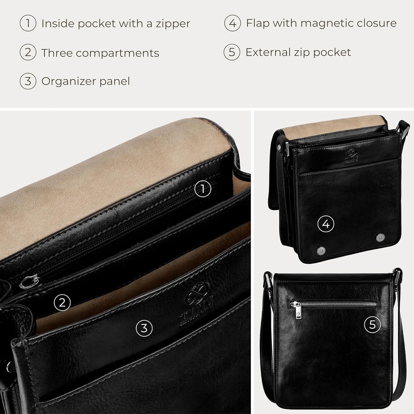 Time Resistance Italian Leather Messenger Bag for Men - Full Grain Leather Men's Crossbody Bag - Tablet Sized Shoulder Bag