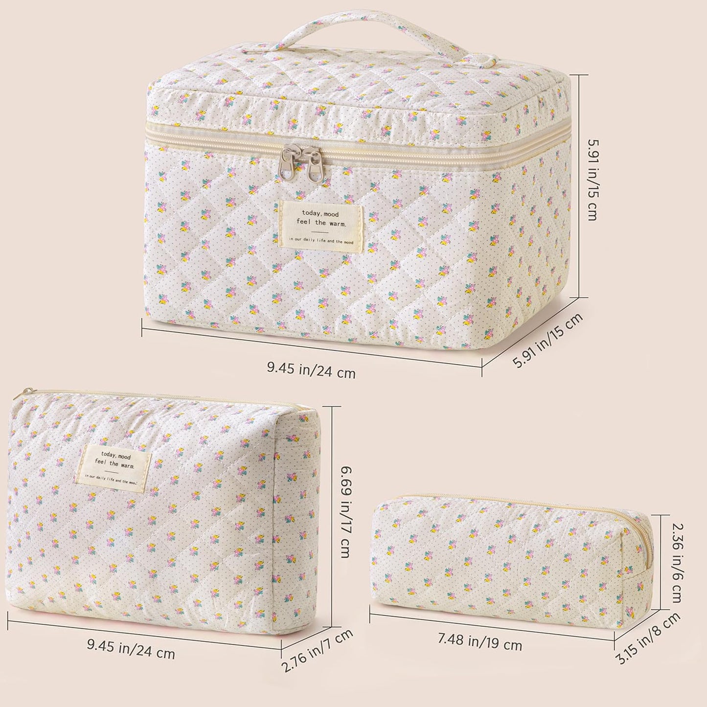HBselect Quilted Makeup Bag, 3PCS Cotton Large Travel Makeup Bag, Cute Floral Coquette Make up Bag Cosmetic Bag Toiletry Bag for Women Girls