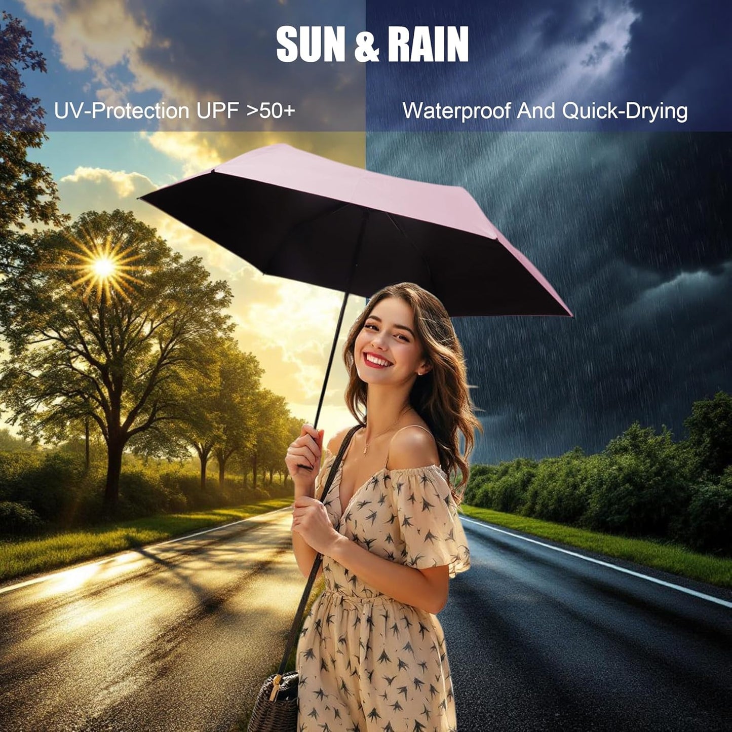 SoulRain 42" Travel Sun & rain Umbrella, Lightweight Windproof Umbrella, Portable Lightweight Compact Parasol with 99% UV Protection for women and men