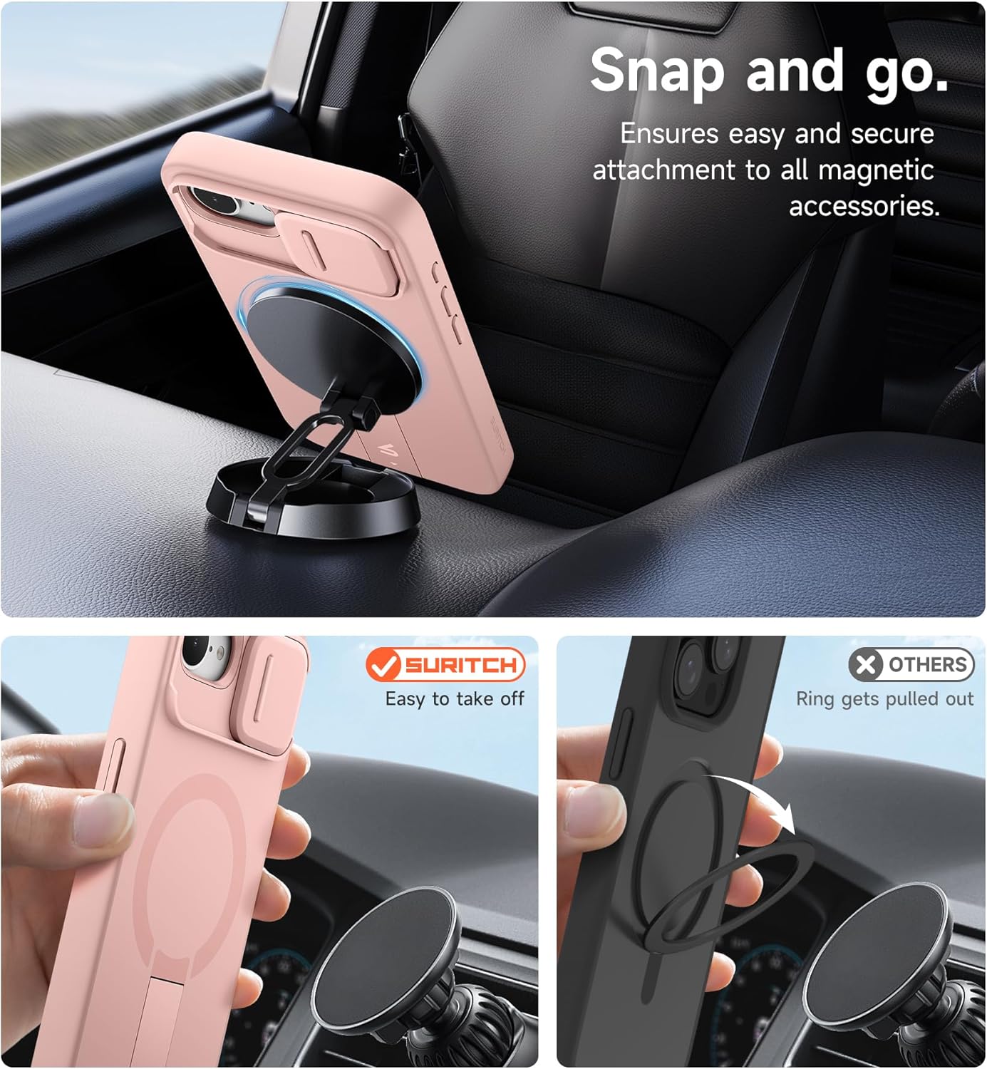 SURITCH for iPhone 16e Case with Magnetic Camera Slide Cover and Adjustable Kickstand, Compatible with MagSafe, Shockproof Bumper Case Slim Protective Cover 6.1 Inch,Pink