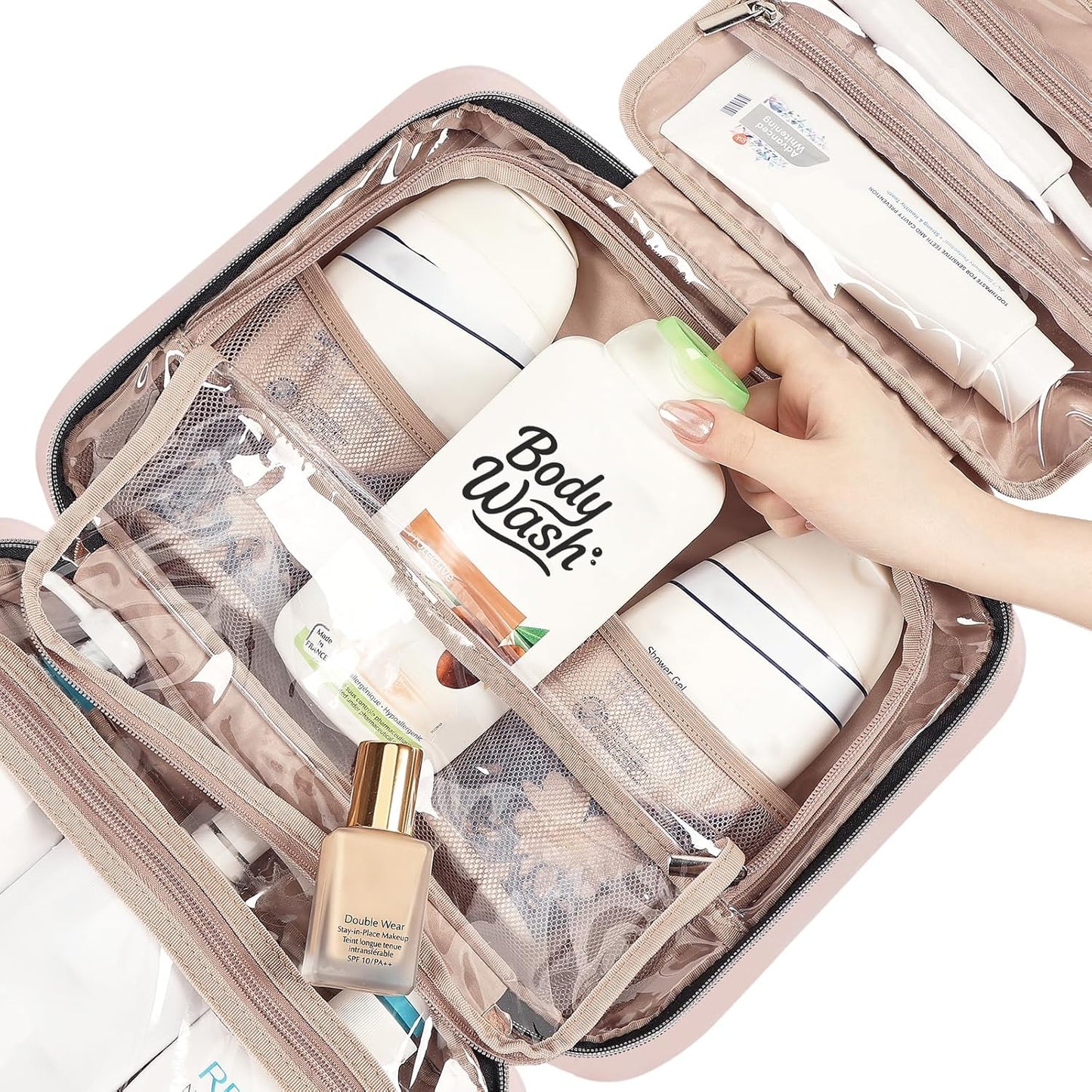 NISHEL Travel Toiletry Bag for women, Portable Hanging Organizer for Family-Sized Shampoo