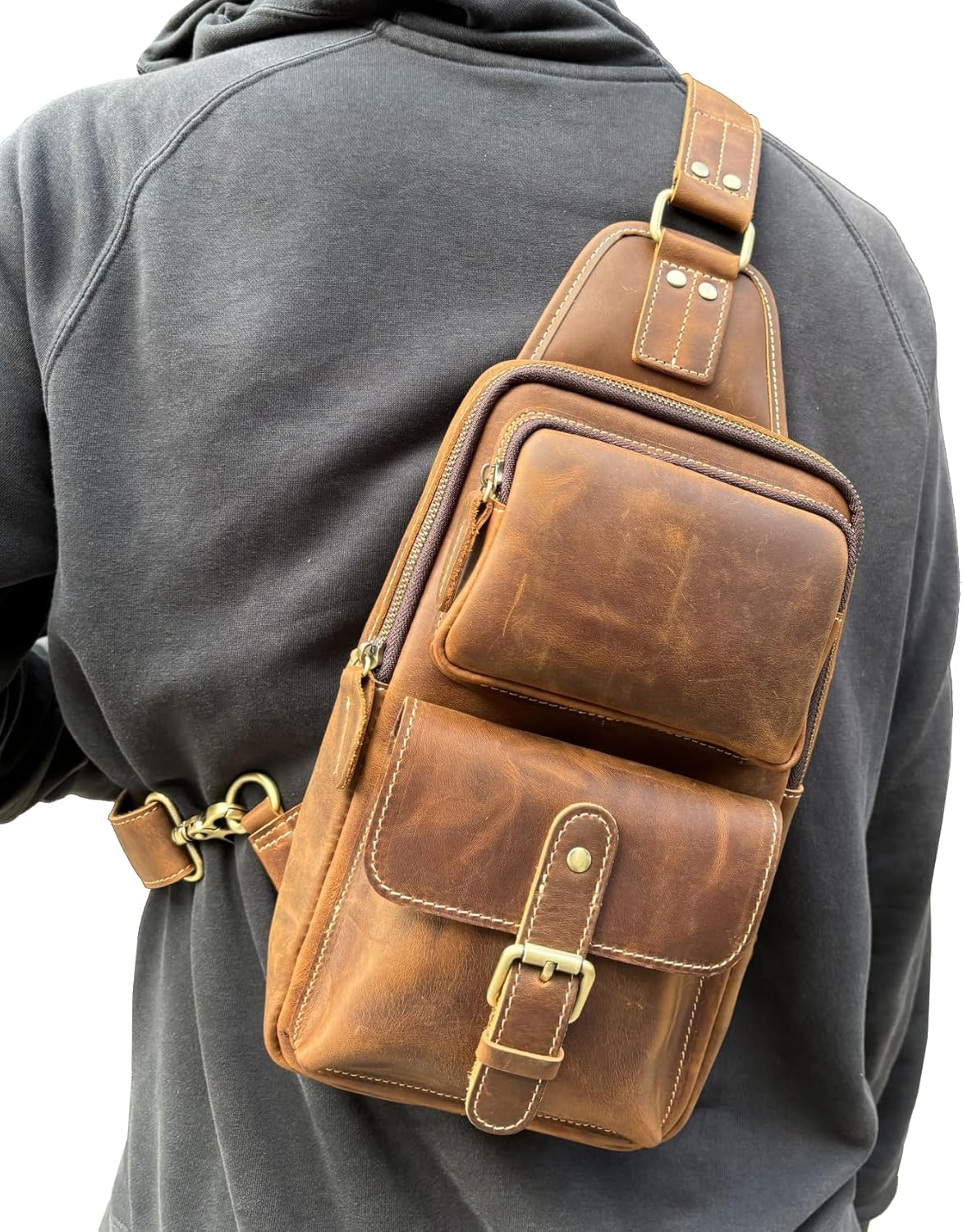 Genuine Leather Sling Bag for Men Women Backpack Chest Shoulder Satchel Crossbody Bags Casual Outdoor Daypack