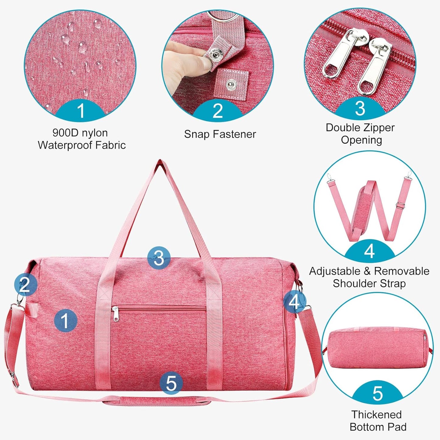 For Spirit Airlines Personal Item Bag 18x14x8, Foldable Small Travel Duffel Bags Gym Duffle Weekender Overnight Carry on Luggage Bag with Wet Pocket & Shoe Compartment for Women Men(Pink, 30L)