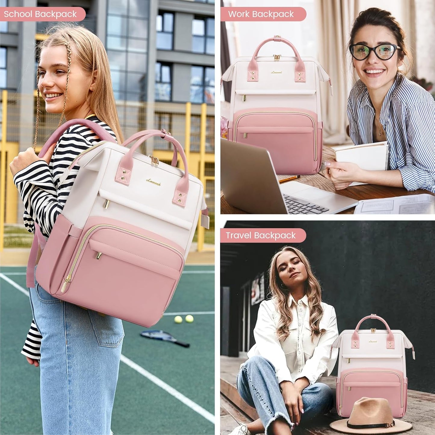 LOVEVOOK Leather Backpack for Women,17 inch Leather Laptop Backpack Women,Professional Work Backpack Nurse College Teacher Bag,Womens Laptop Tote Bag Computer Travel Backpack Purse,Beige White-Pink