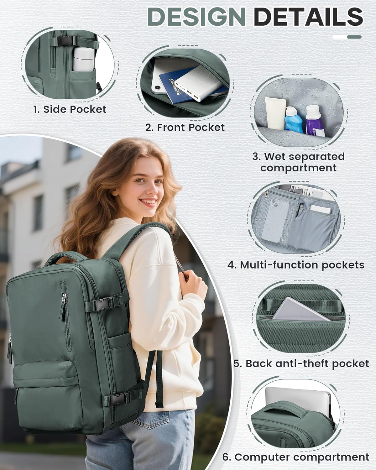 Vacuum Backpack Travel with Pump, Water Resistant Cabin Size Travel Backpack with Vacuum System, 18x14x8 Frontier Personal Item Travel Bag for Men Women Fits 16" Laptop Backpack, Army Green