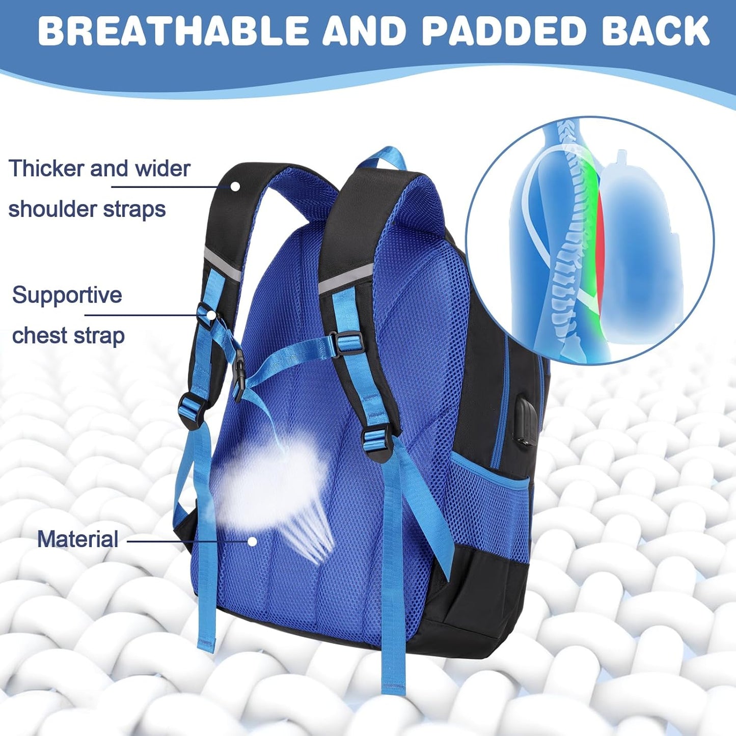 Bevalsa Backpack for Boys, School Bags for Kids, Bookbag for Boys Girls Children Teens Backpacks for Elementary Middle High school Student, Bookbag and Lunch Bag Set with USB Charging Port (Blue)