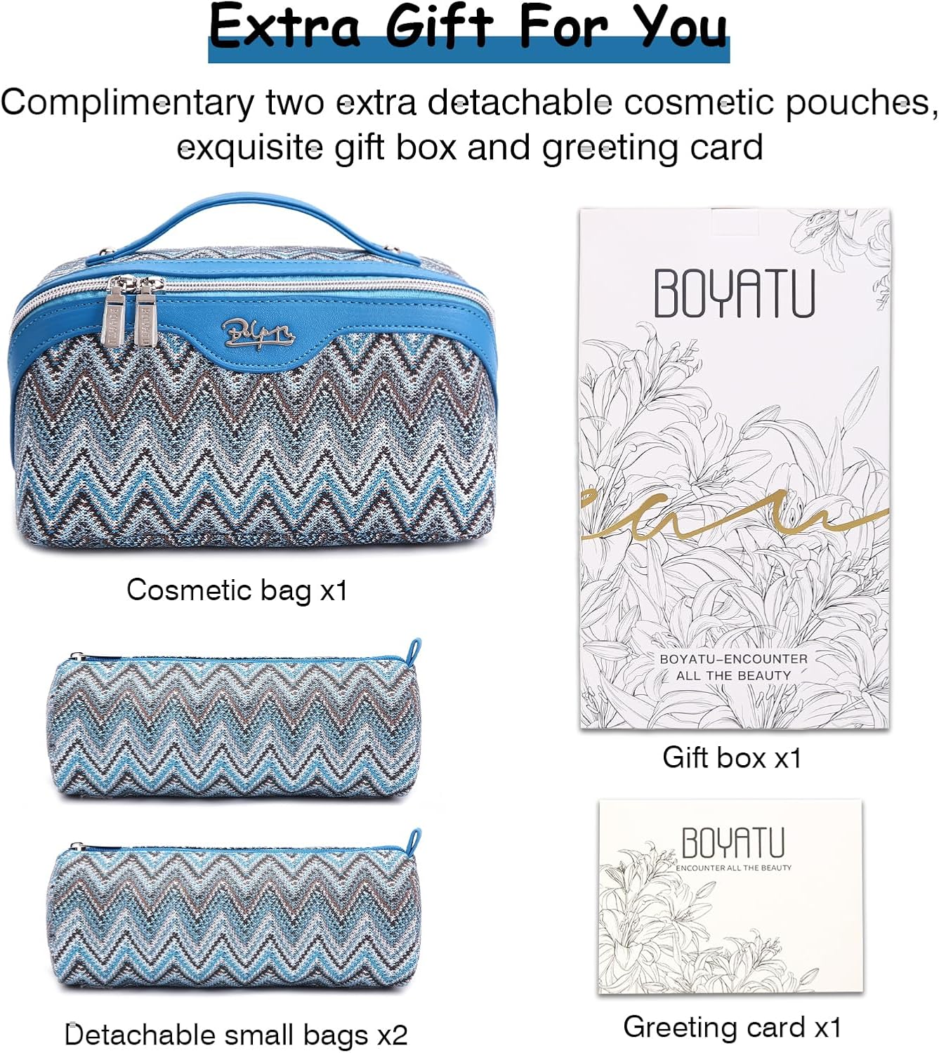 BOYATU Travel Makeup Bag for Women: Western Boho Make up Bag Set of 3 - Large Capacity Vegan Leather Cosmetic Bag - Waterproof Toiletry Bag with Compartments & Handle & Divider(J-4-Blue)