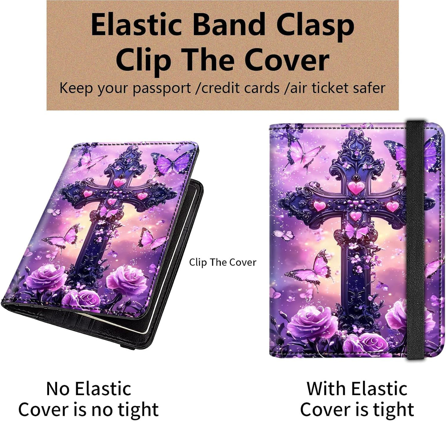 Passport and Vaccine Card Holder Cover Combo,Travel Passport Holder Wallet with RFID Blocking, Leather Vaccine Card Slot Passport Cover Case for Women & Men,Purple Cross Butterfly Flower