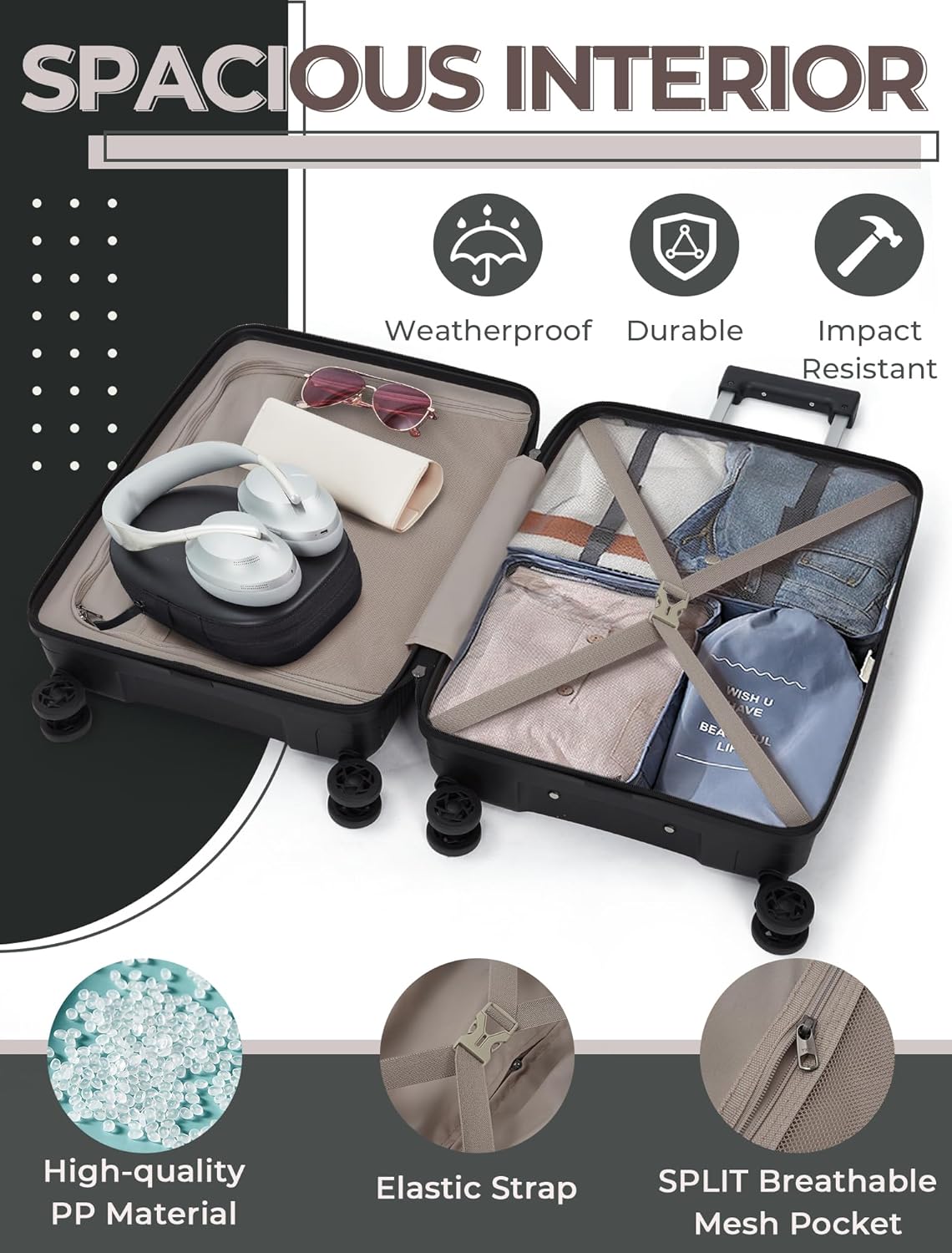 Luggage Sets 5 Piece,Lightweight,Impact-Resistant,Wear-Resistant Suitcases with Wheels, Hardshell Suitcase Set with Spinner Wheels, PP Carry on Luggage Set with TSA Lock, Travel Luggage