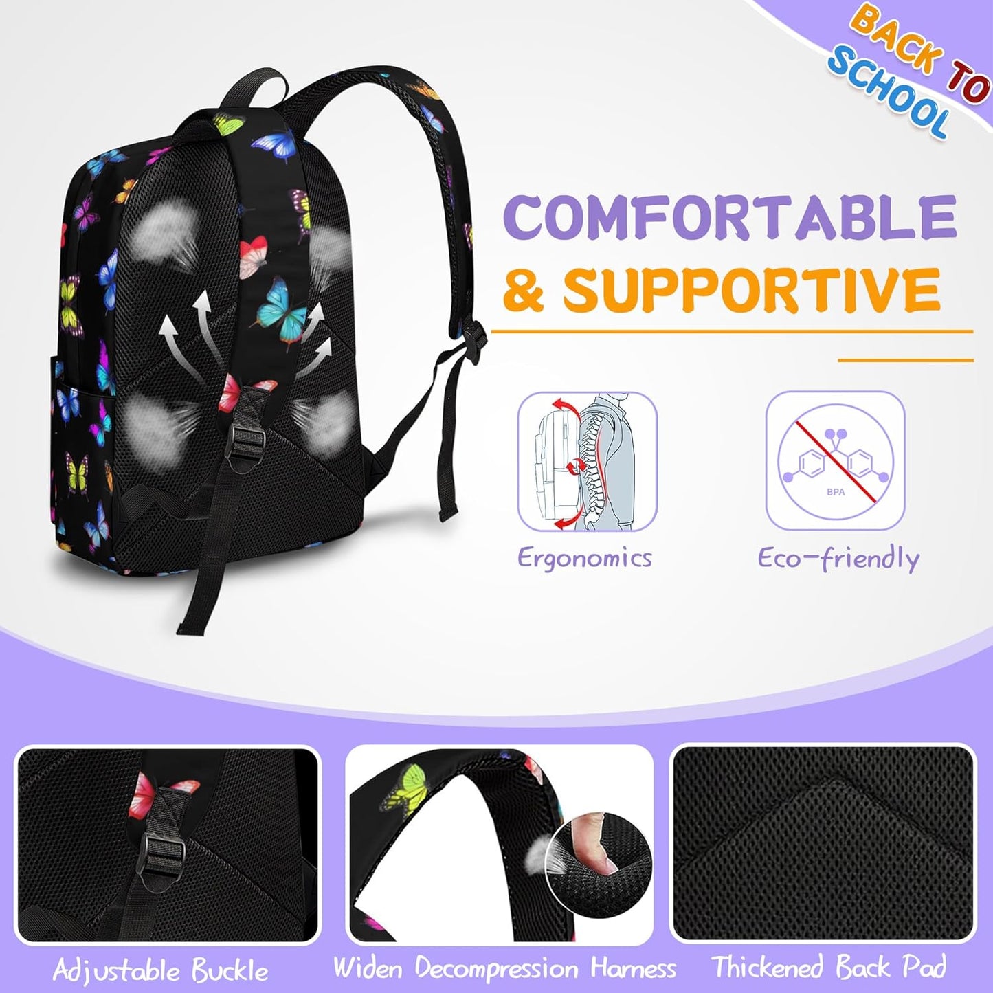 3PCS Butterfly Backpack Set for Girls, Large Lightweight 17 Inch Backpack with Lunch Box & Pencil Case for Kids, Back to School Bookbag for Elementary Middle School