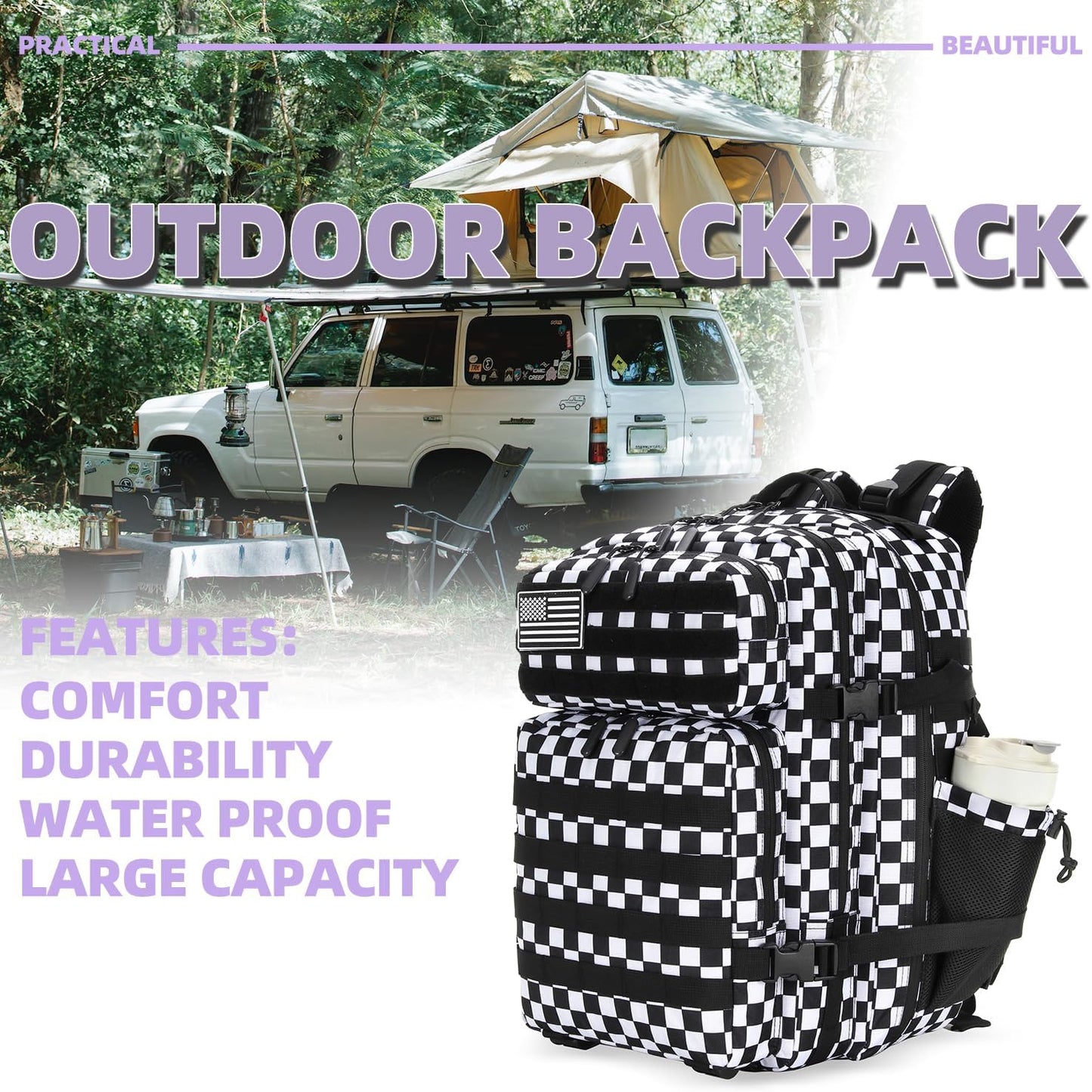 25L Tactical Military Backpack Small Travel Rucksack for Men and Women Assault Pack Bug Out Bag Molle Daypack Gym Backpack with Bottle Holder (Black White Checkered)