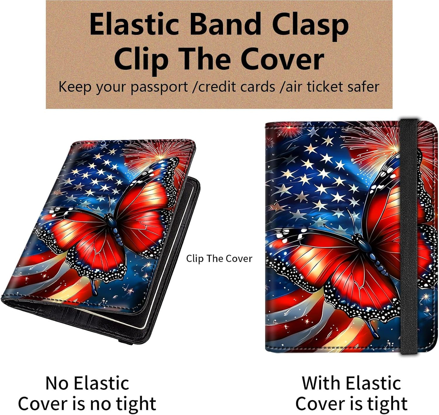 Passport and Vaccine Card Holder Cover Combo,Travel Passport Holder Wallet with RFID Blocking, Leather Vaccine Card Slot Passport Cover Case for Women & Men,Butterfly American Flag
