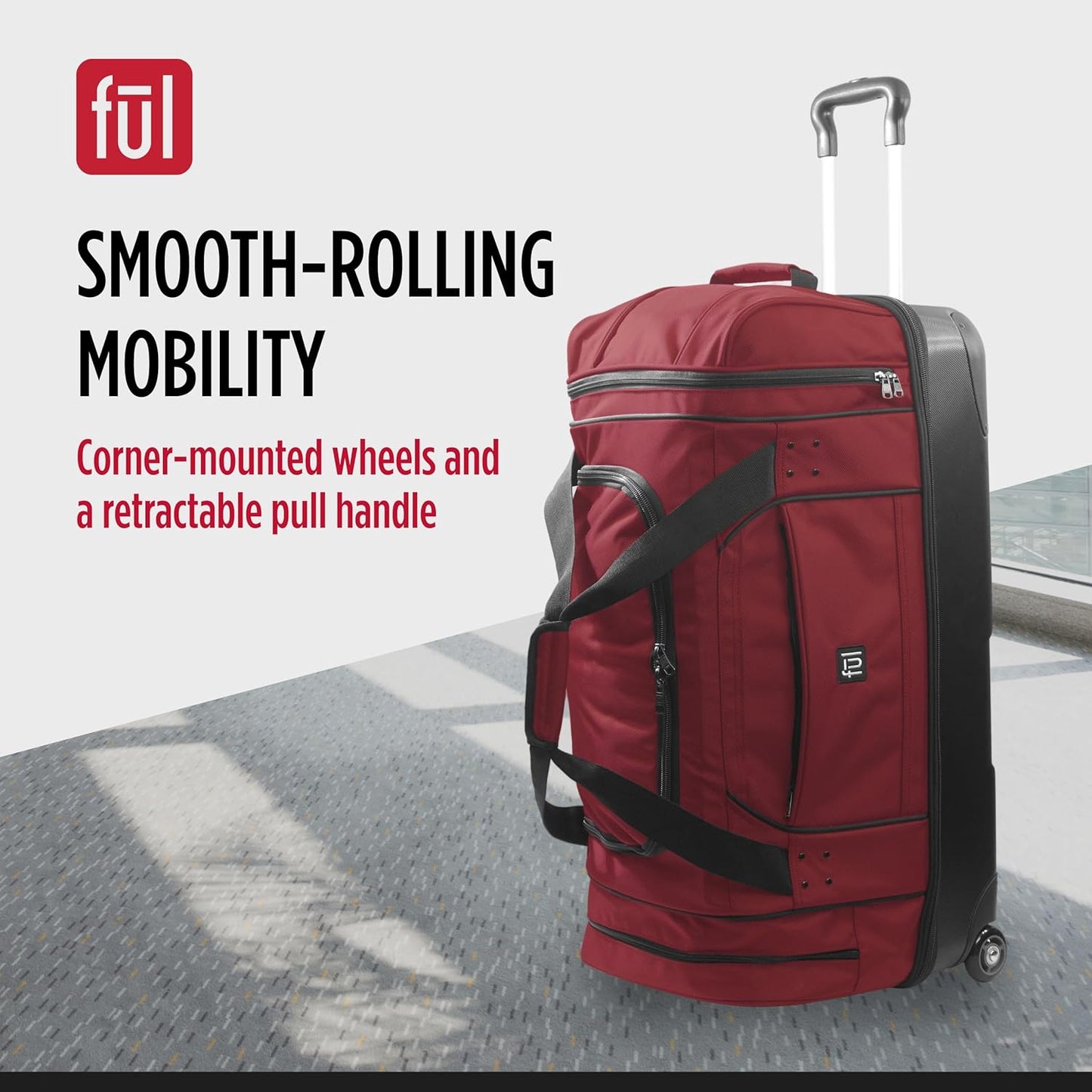 FUL Workhorse 30 Inch Rolling Duffel Bag, Checked Travel Luggage with Hardshell Base and Wheels