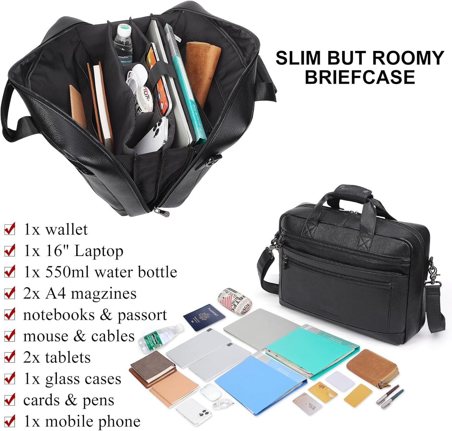 Masa Kawa Men’s Leather Briefcase for 16" Laptop Waterproof Crossbody Shoulder Messenger Bag Computer Attache Case for Business Travel Work, Black