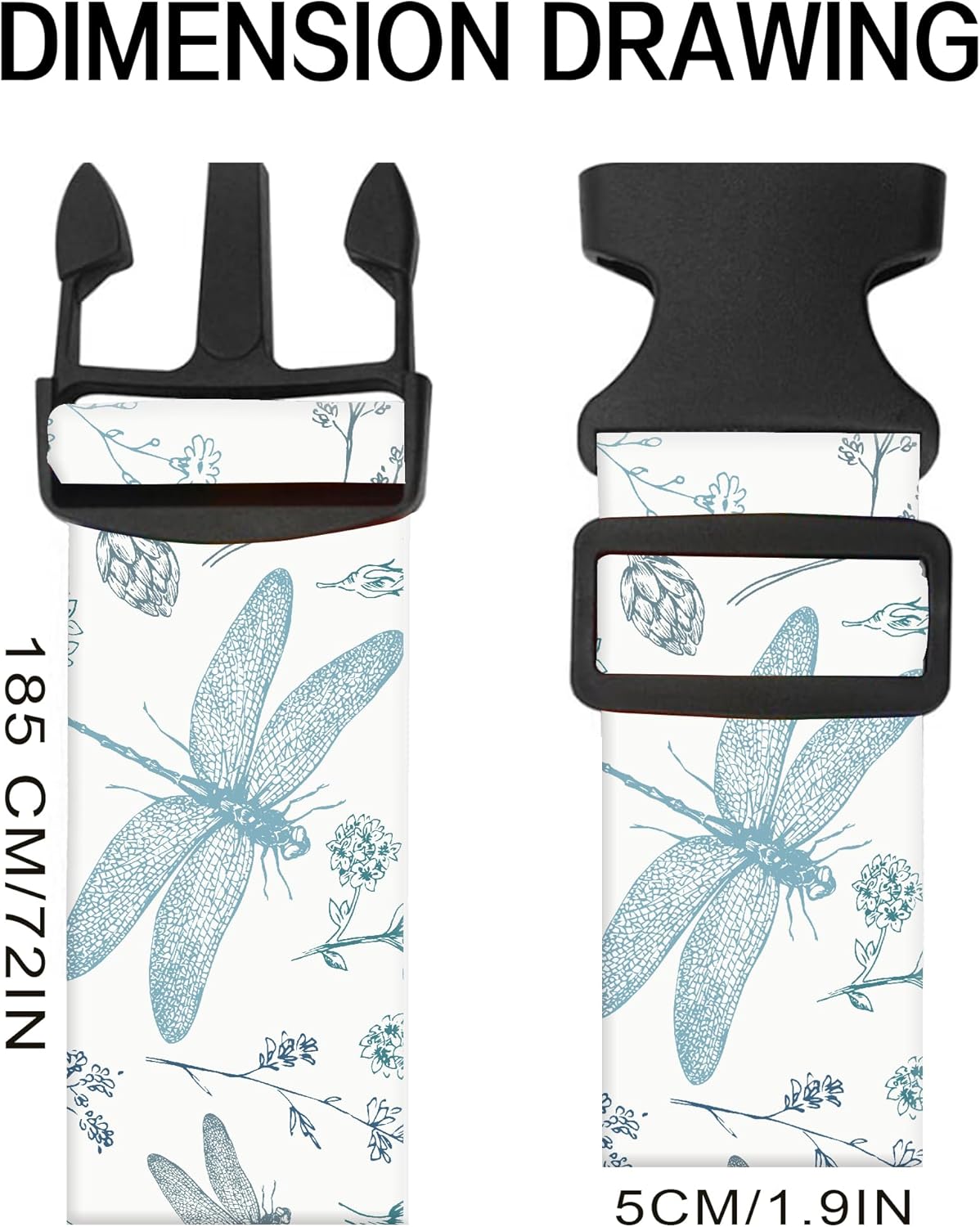 Luggage Straps for Suitcases, Adjustable Travel Belt, Durable Wide Luggage Strap, Cute Suitcase Strap Identifiers with Buckle, Bag Straps for Luggage, White Dragonfly