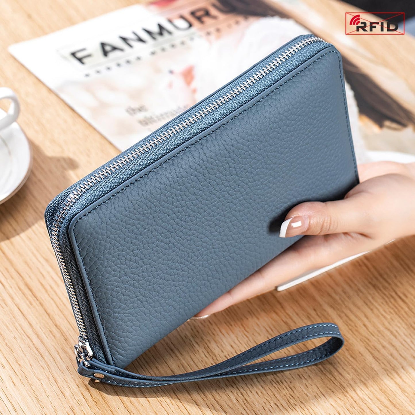 RFID Large Passport Holder for Man & Women, Leather Travel Wallet with Card Holders, Zippered Coins Pocket and CashSlot, for Secure Traveling and Documentation Organizer (Eephant Grey)