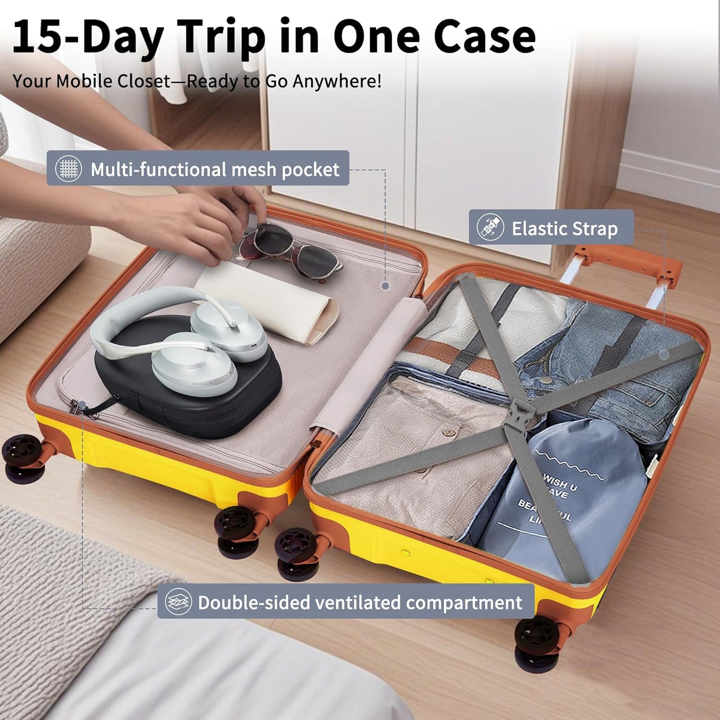 Luggage Sets 5 Piece,Lightweight,Impact-Resistant,Wear-Resistant Suitcases with Wheels, Hardshell Suitcase Set with Spinner Wheels, PP Carry on Luggage Set with TSA Lock, Travel Luggage