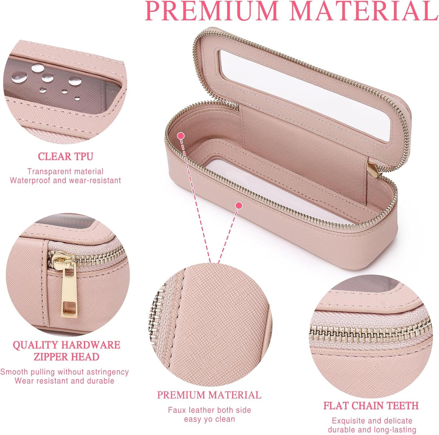 Clear Travel Makeup Bag with Brush Case Portable Transparent Cosmetic Bag and Toiletry Bag Waterproof Makeup Organizer with Zipper Car Essential for Women (Pink, M+Slim)