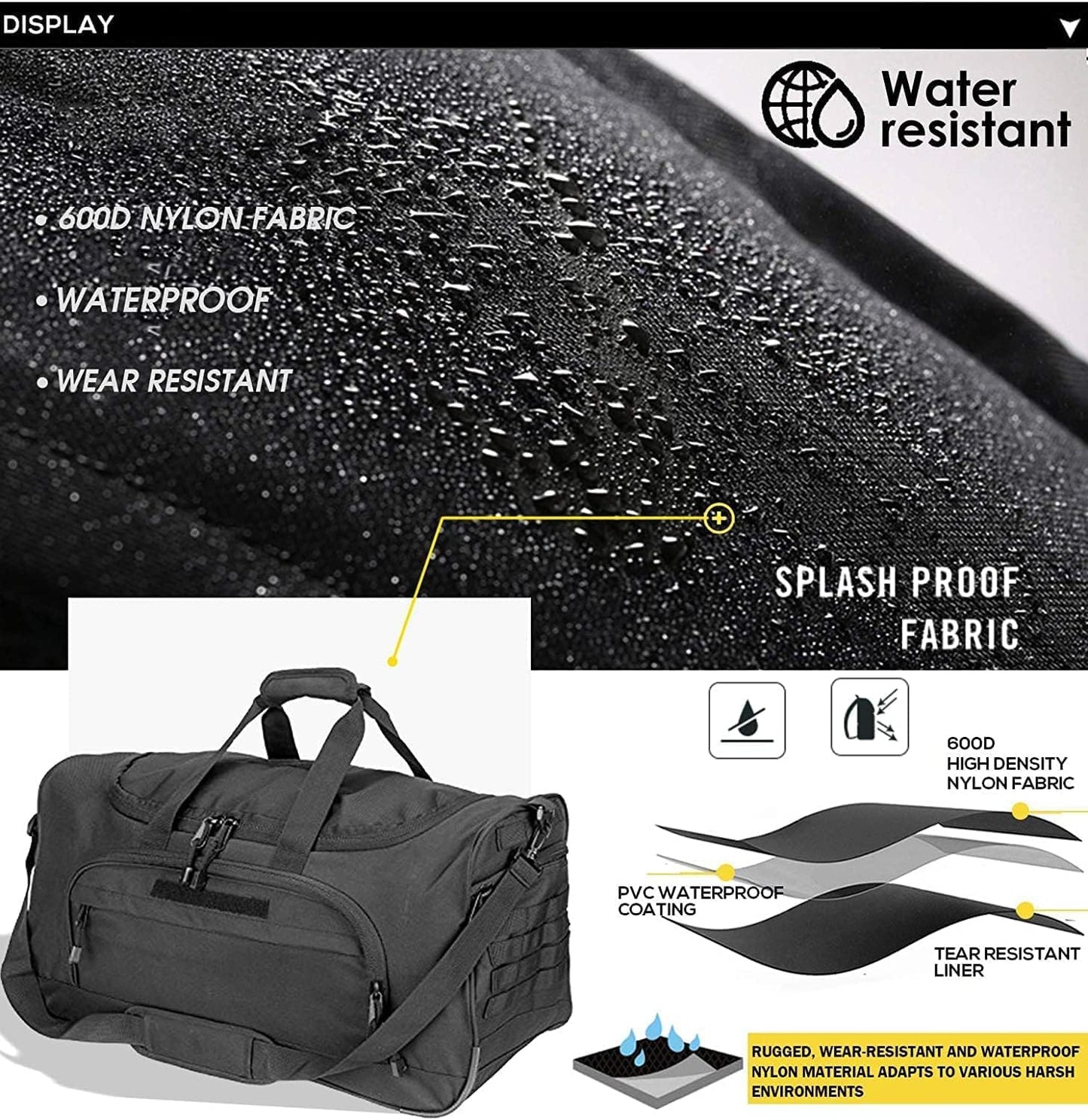 HYKING Gym Bag for Women & Men Tactical Duffle Military Weekender Work Out Lightweight Waterproof Sports Tote Shoe Pocket Black