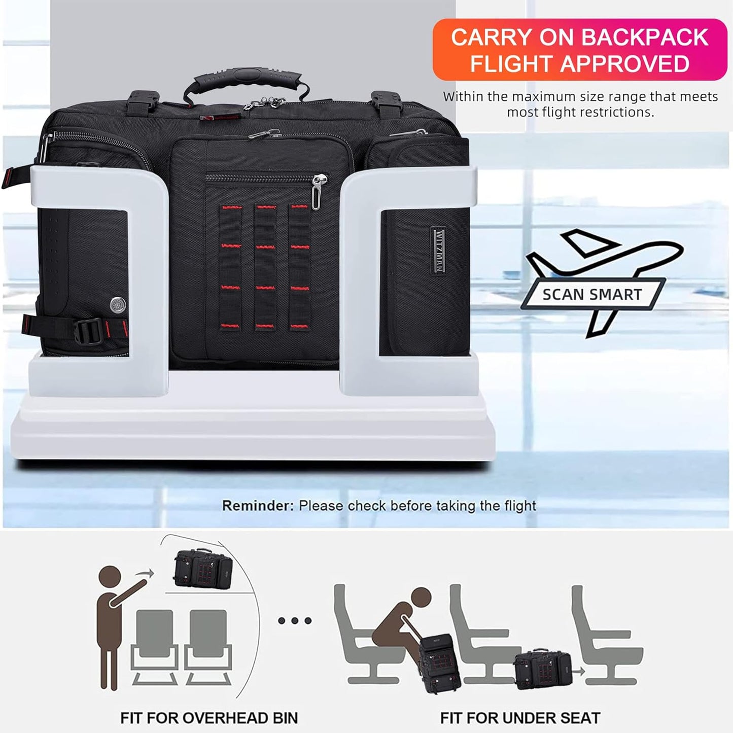 WITZMAN Carry on Travel Backpack for Men Women Airline Approved Convertible Nylon Duffle Backpack