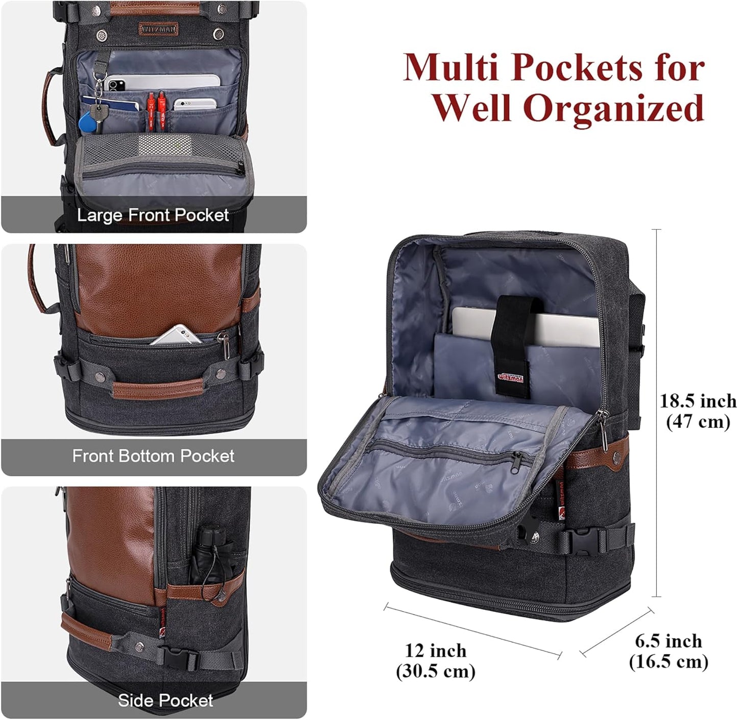 WITZMAN Travel Backpack for Men Women Carry on Luggage Backpack Canvas Rucksack Duffel bag with Shoe Compartment(A2020 black)