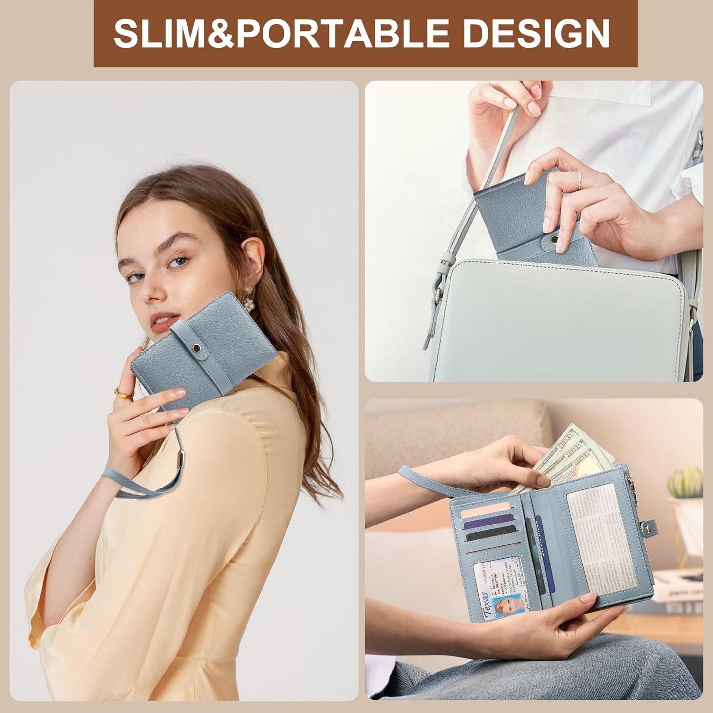 Small Wallet Women RFID Blocking Vegan Leather Slim Thin Bifold Credit Card Wallet Passport Holder Ladies Travel Wallet Mini Purse with Zipper Pocket