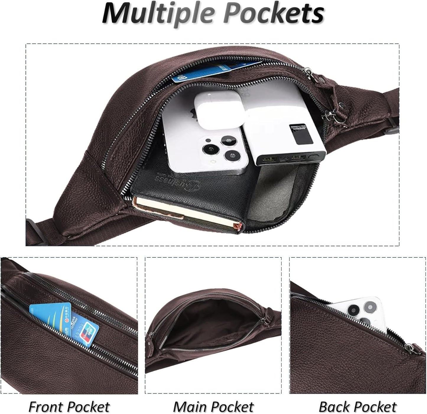 Genuine Leather Waist Bag, Outdoor Travel Waist Pack, Cowhide Leather Fanny Pack with Adjustable