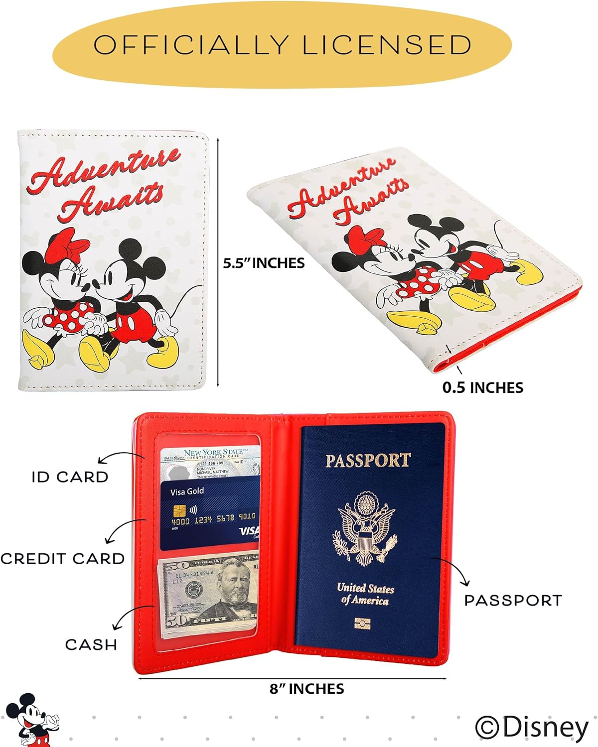 Disney Mickey & Minnie Mouse Passport Holder, Officially Licensed Passport Holder for Women, Travel Essentials for Women