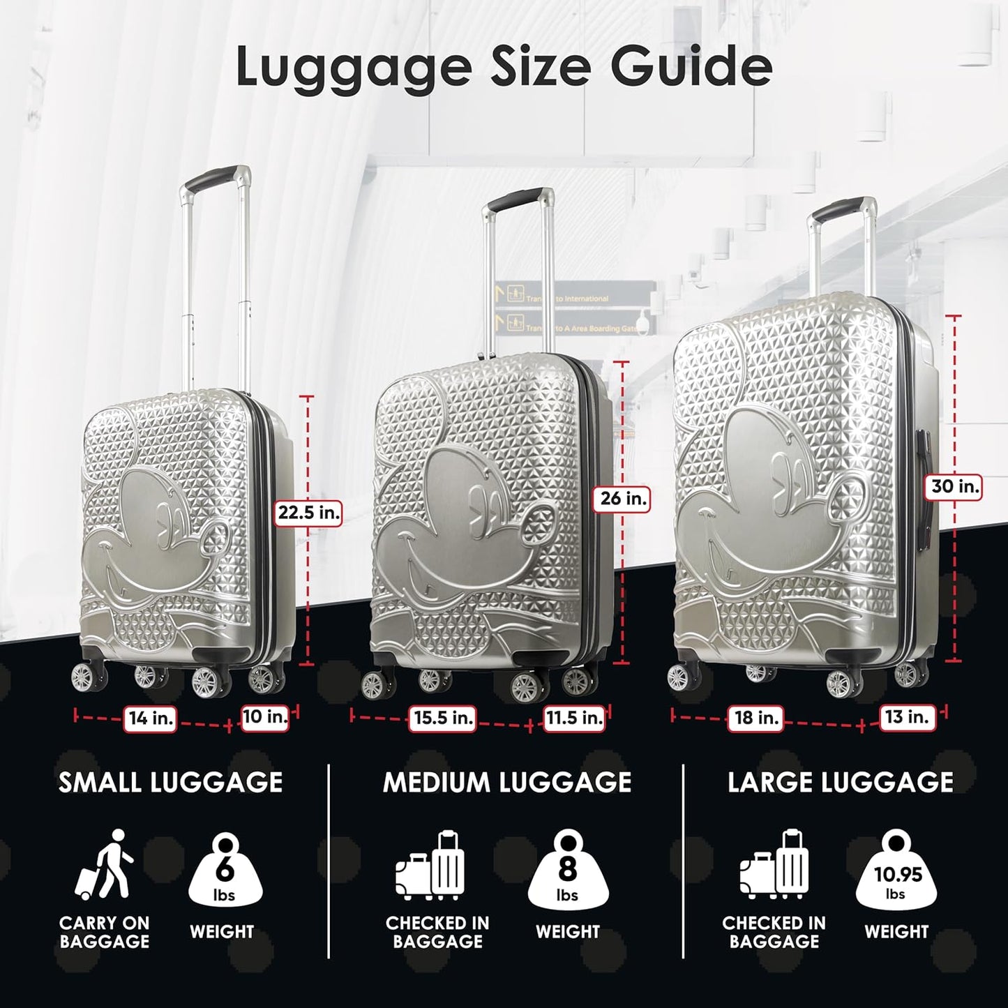 FUL Disney Mickey Mouse 22 Inch Carry On Luggage, Hardshell Rolling Suitcase with Spinner Wheels, Silver