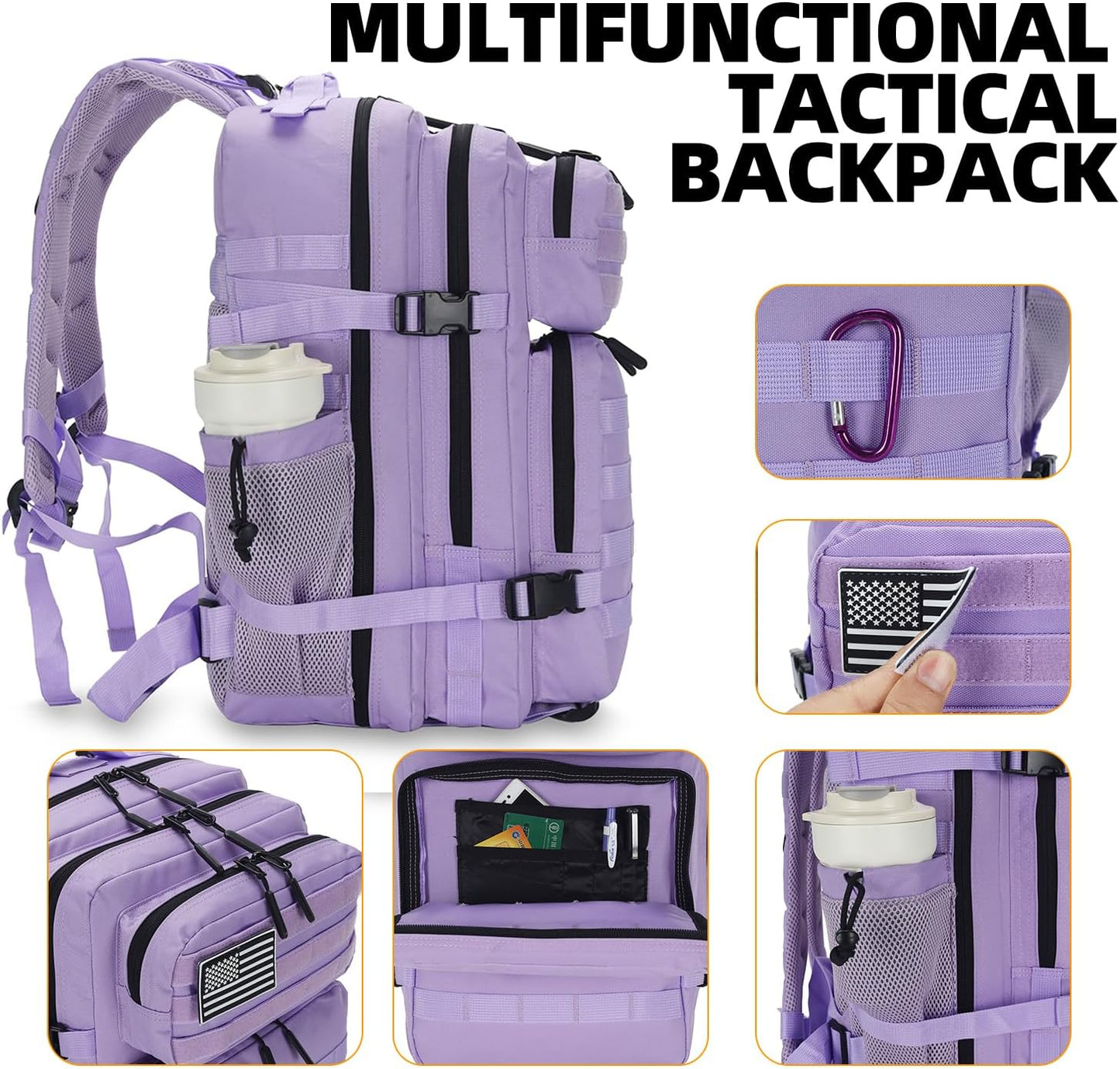 25L Tactical Backpack for Men and Women Military Backpack Army Assault Pack Molle Backpack Small Bug Out Bag Travel Rucksack Daypack (Light Purple)