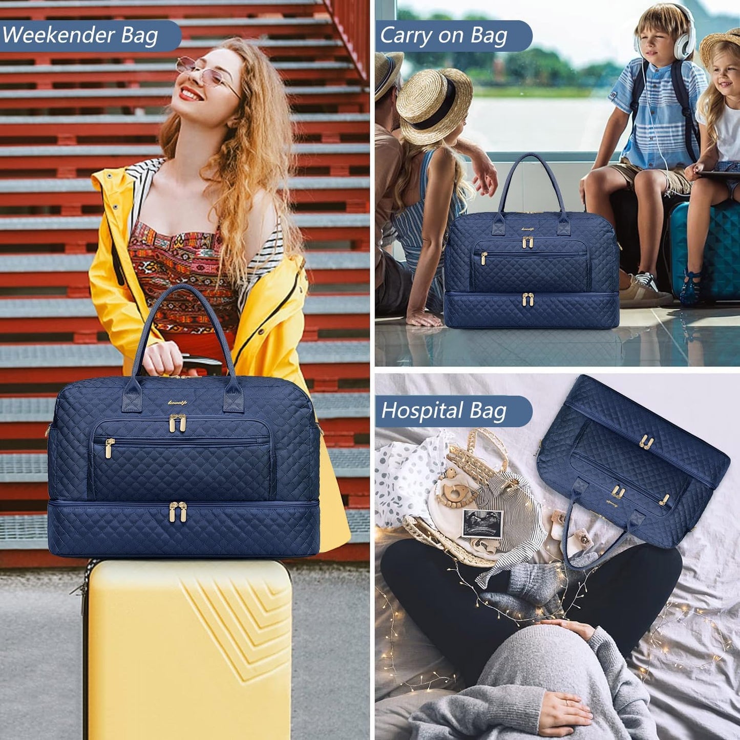 Large Women's Travel Duffel, Weekender with Shoe Compartment, Carry On Overnight Bag, Gym Duffel with Wet Pocket, Hospital Bags for Labor and Delivery - 3 PCS Set