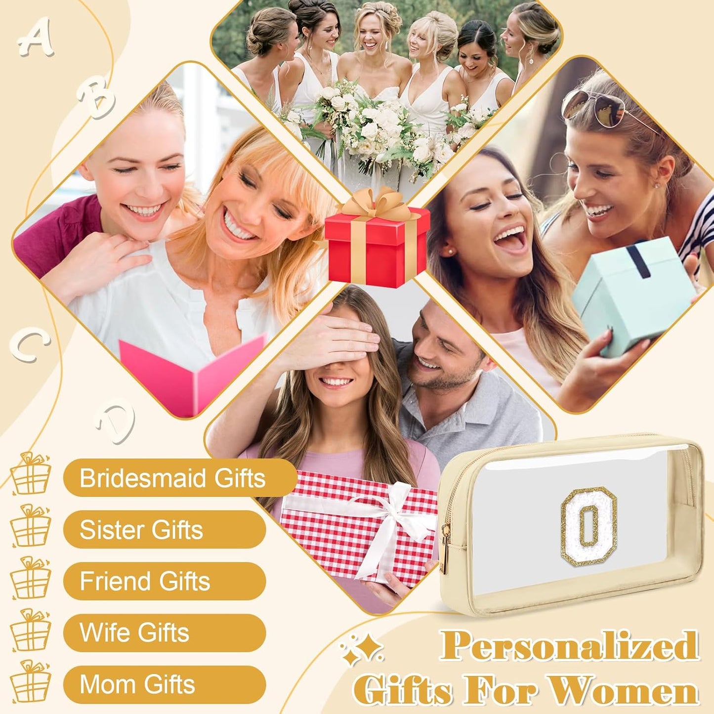 Personalized Initial Letter Clear Makeup Bag,Preppy Small Nylon&PVC Cosmetic Zipper Bag with