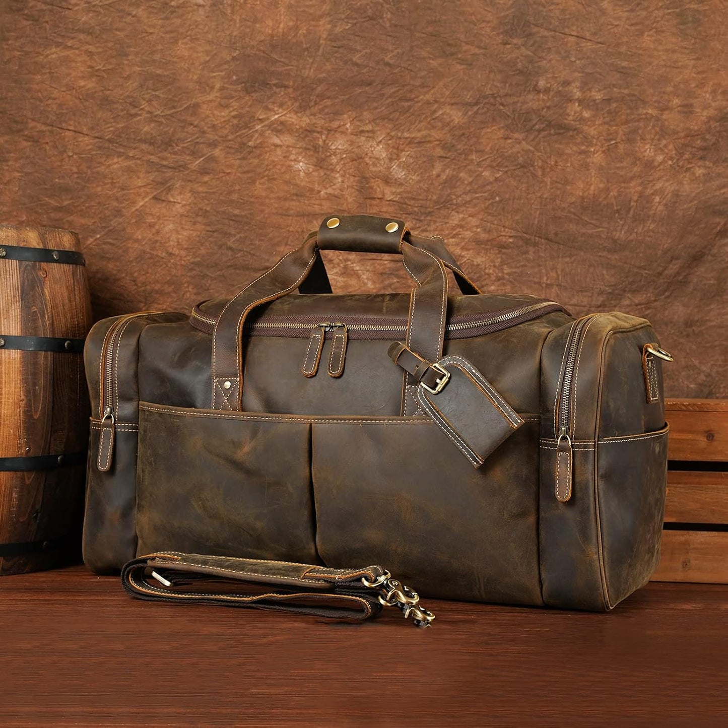 Polare 24 Inch Leather Duffel Bag for Men Full Grain Leather Travel Overnight Gym Sports Weekender Bag Large
