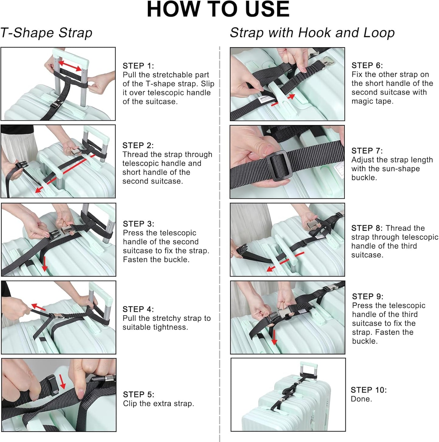 Vigorport Luggage Straps, Metal Luggage Connector Straps for Suitcases, Stretchable Add A Bag Adjustable Attachment Accessories Belts (Black, Large)