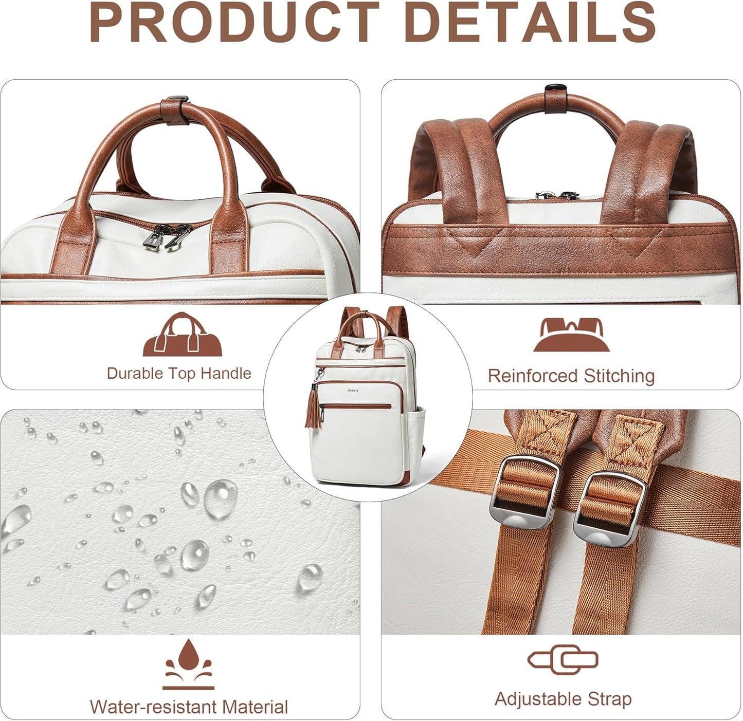 Shrrie Laptop Backpack for Women 15.6 inch Travel Leather Backpack Purse Work Computer Backpacks for Business College Beige