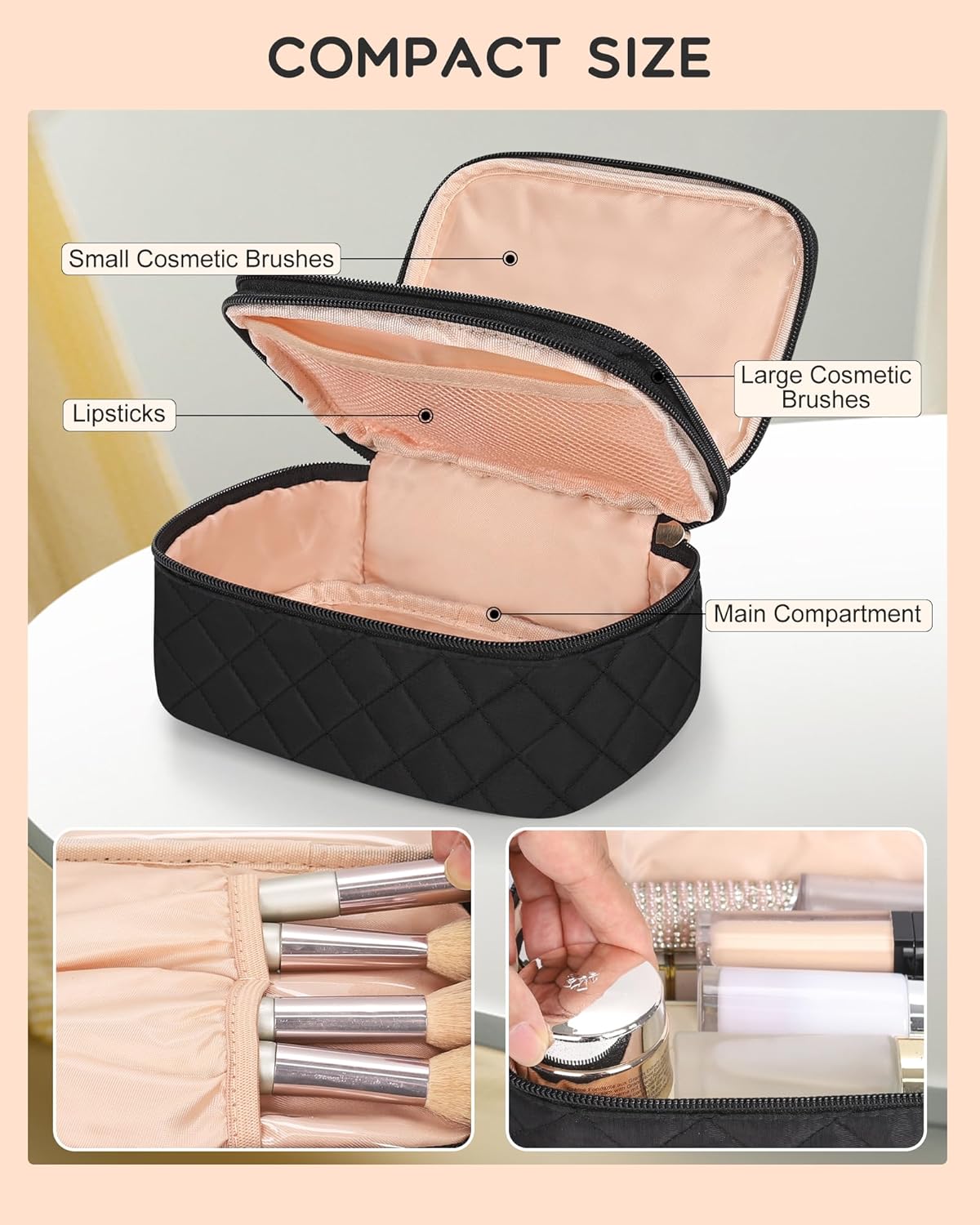 Relavel Small Makeup Bag, Travel Cosmetic Bag with Makeup Brush Compartment, Cute Make Up Pouch for Women, Double Layer Toiletry Organizer for Short Trip, Office - Black