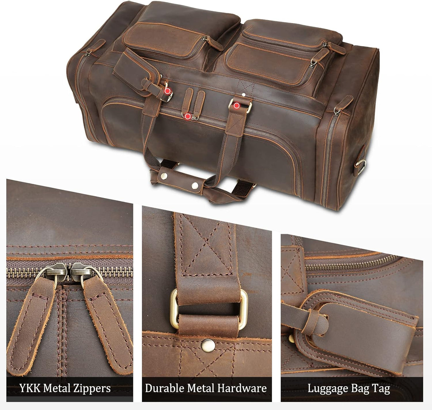 Polare 26" Leather Duffel Weekender Travel Bag For Men With Full Grain Cowhide Leather 56L
