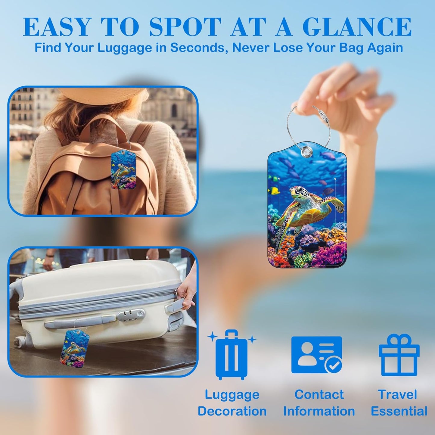 2 Pcs Luggage Tags for Suitcases, Sea Turtle Leather Bag Tags for Luggage Privacy Cover Name ID Label with Stainless Steel Loop Cruise Airport Travel Essentials